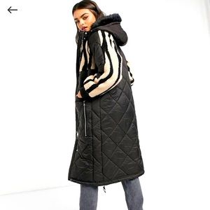 Longline Padded Parka with Faux Fur Panels